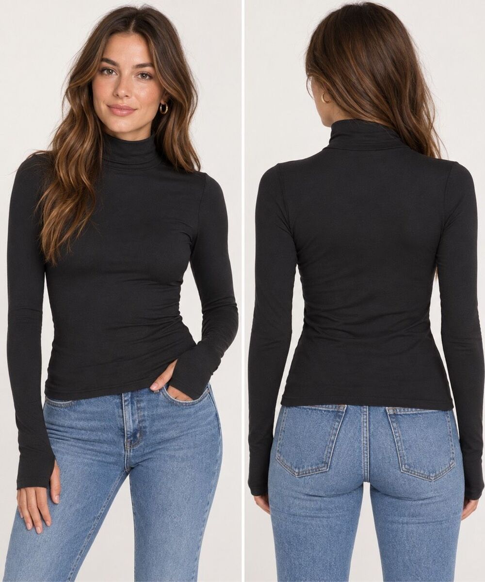 Intimately Free People XS/S Black Seamless Mock Neck Long Sleeve Thumbholes